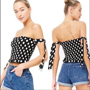 Smocked Polka dot bardot crop top